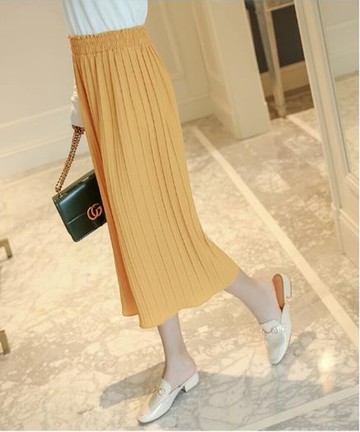 百褶寬褲 韓版高腰雪紡百褶闊腿褲女七分褲荷葉邊休閒裙褲顯瘦寬腿褲裙  瑪麗蘇