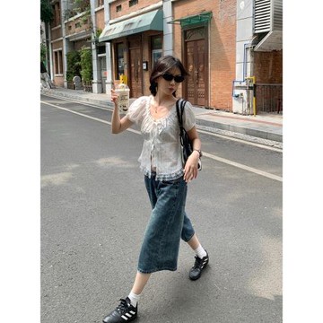 佩佩家 復古藍牛仔褲女七分褲夏季新款美式闊腿褲寬松直筒褲中褲