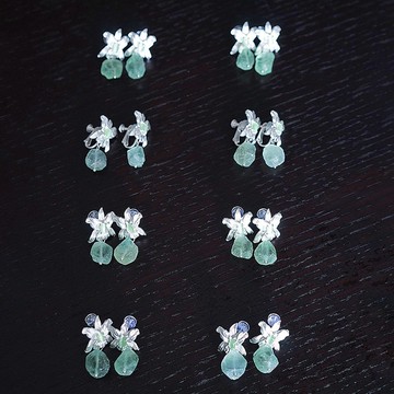 Mell銀色蘭花螢石猫眼石銅鍍銀耳環