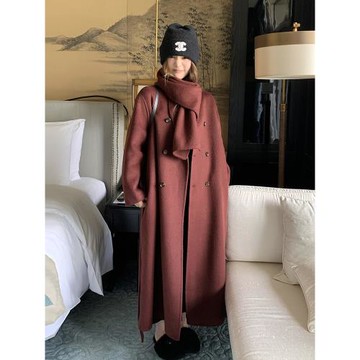 安可拉紅圍脖雙面羊絨大衣女冬季2025新款寬松復古中長款毛呢外套