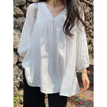 夏季女裝批新款發休閑寬松減齡慵懶襯衣娃娃衫七分袖套頭V領襯衫