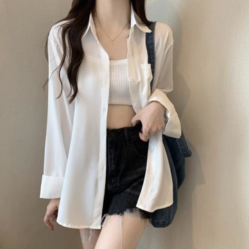 大碼防曬襯衫外套女夏季設計感薄款慵懶風休閑上衣中長款開衫襯衣