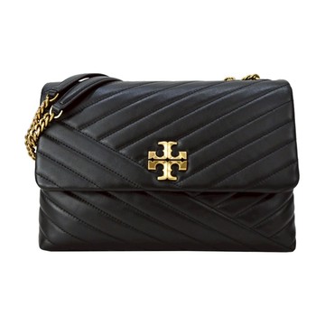 [平輸版] 【TORY BURCH】KIRA 雙T金字LOGO鍊斜紋衍縫翻蓋兩用包(大/黑)真品平輸