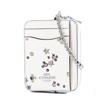 COACH 亮粉星光滑面皮革鍊帶證件零錢包-白色