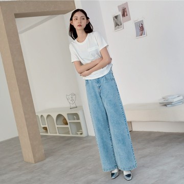 【ERSS】 女裝 牛仔褲 牛仔寬褲 寬褲 厚磅 純棉 淺藍【S17114】