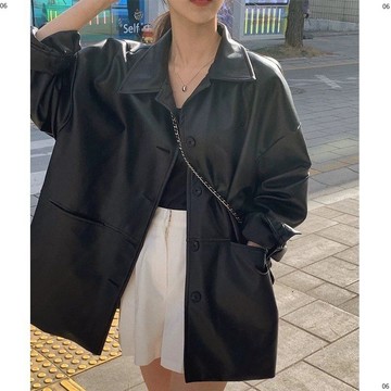 PU皮衣女裝韓國帥氣翻領單排扣春秋寬鬆百搭仿皮夾克上衣外套