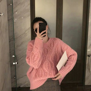 新款網紅小香風新年上衣蜜桃粉色寬松元氣少女外穿時尚圣誕毛衣女