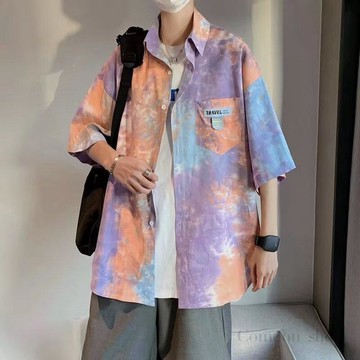 夏季痞帅扎染短袖衬衫外套男ins港风高级感潮牌衬衣服