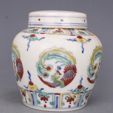 明成化青花斗彩團鳳紋天子罐家居中式擺件仿古瓷器收藏古董古玩1入