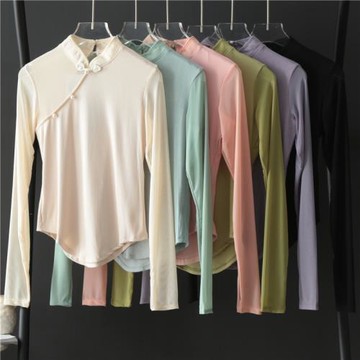 溫柔古風盤扣立領套指長袖T恤女新中式舞蹈圓弧擺文藝打底衫女