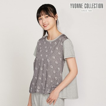 YVONNE 以旺傢飾 莫代爾棉拼接印花短袖上衣-迷霧灰