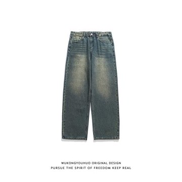 悟空有貨美式街頭復古做舊直筒牛仔褲男潮牌寬松闊腿休閑洗水長褲