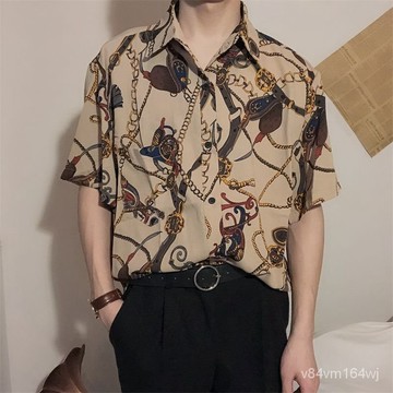 【優選好物】夏季薄港風雅痞絲滑柔軟雪紡短袖花襯衫復古男寬鬆摩登印花襯衣潮jioyh XOzX