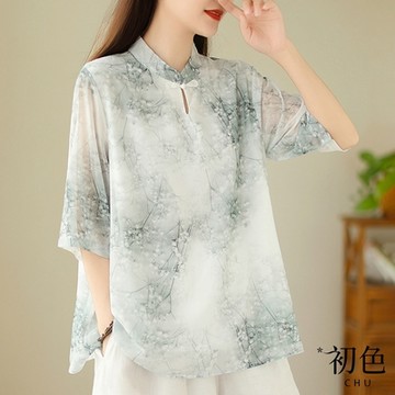 初色 立領復古盤扣拼接水墨風景印花短袖T恤上衣-共2色-70058(M-2XL可選)