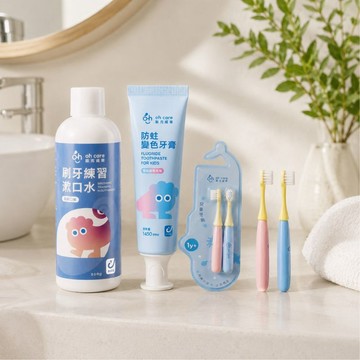 【oh care歐克威爾】學習潔牙組｜刷牙練習漱口水200ml*1入+防蛀變色西瓜牙膏1入 (贈兒童牙刷2入組)