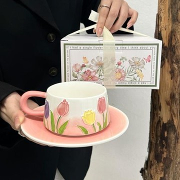 復古輕奢郁金香浮雕陶瓷咖啡杯碟高顏值辦公室喝水杯送女生伴手禮
