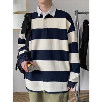 秋季翻領條紋衛衣男長袖假兩件韓版潮流學生日系寬松襯衫領Polo衫