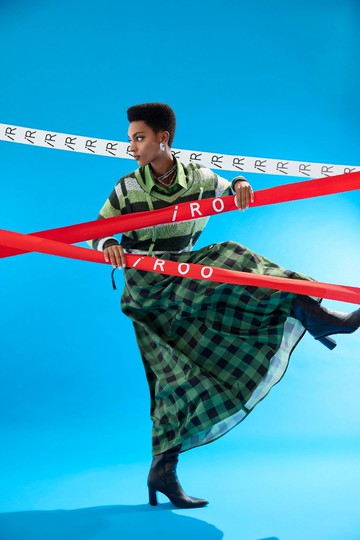 深翡翠色格紋印花長裙