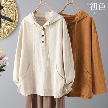 初色 純色連帽領口袋長袖排釦T恤上衣女上衣-共2色-15127(M-2XL可選)