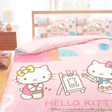 享夢城堡 天絲單人床包雙人薄被套三件組-HELLO KITTY 風景繪-粉