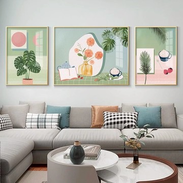 免運/開立發票 工廠直銷 可批發 快速出貨 新款日式小清新客廳北歐風格裝飾花卉風景畫沙發背景墻三聯掛畫
