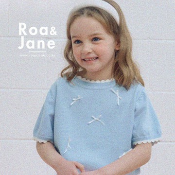 韓國專櫃 RoanJane 柔霧藍花邊蝴蝶結短袖針織上衣