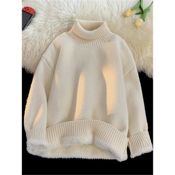 秋冬純色高領毛衣男加絨加厚寬松簡約翻領針織衫保暖內搭長袖潮流