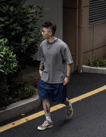 日系復古 定織定染空氣層條紋短袖T恤