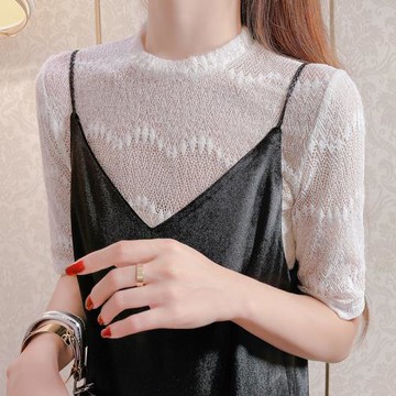 蕾絲打底衫女春秋性感鏤空內搭洋氣小衫別致復古小眾中袖網紗上衣