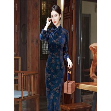 絲絨旗袍新款2025新款秋裝中袖國風禮儀婚宴會禮服連衣裙日常大碼