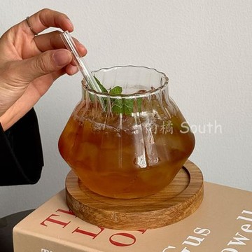 小眾復古胖鼓豎紋玻璃杯冰美式咖啡杯子大容量果汁杯飲品杯奶茶杯