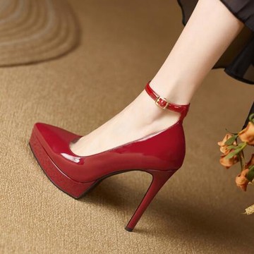 氣質防水臺超高跟單鞋女春季新款真皮一字帶尖頭淺口女鞋紅色婚鞋