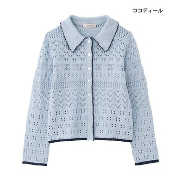 【ココディール】清新晴空藍色滾邊透雕蕾絲翻領針織開襟衫針織開襟衫 O3X33348