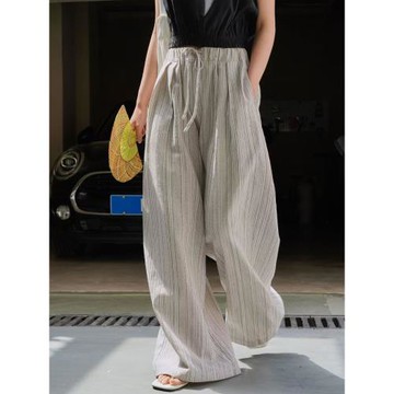 黑色條紋亞麻闊腿褲女休閑褲2024春季新款慵懶寬松輕薄防曬長褲
