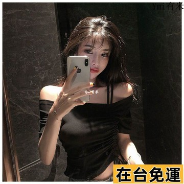 🚚限時免運下殺🚚 新款黑色綁帶一字肩短款露臍緊身顯瘦短袖T恤性感露鎖骨上衣女夏
