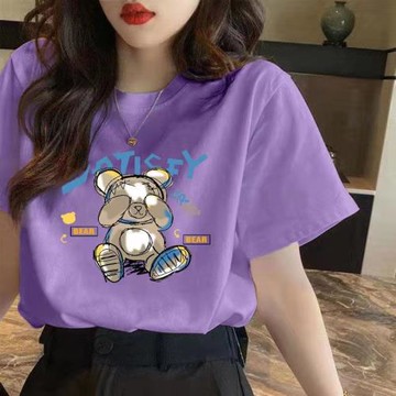 紫色純棉短袖t恤女2026夏季新款寬松設計感卡通印花百搭休閑上衣