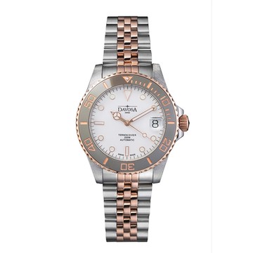 DAVOSA 166.196.02 半金白水鬼陶瓷圈玫瑰金專業200M潛水錶 5銖鋼帶款 36mm