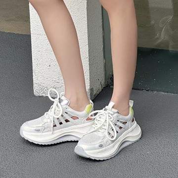 真皮鏤空老爹鞋女2025夏季新款百搭網面透氣厚底休閑運動爆款涼鞋