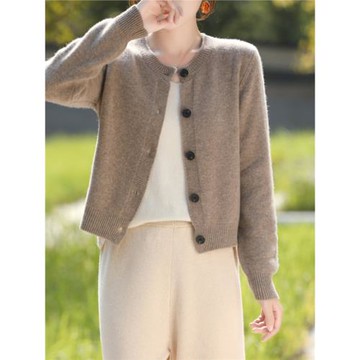 新款春秋高腰純羊毛加厚針織開衫女短款洋氣顯瘦純色圓領毛衣外套