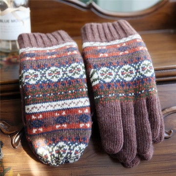 沛錦男士手套 秋冬季加絨加厚保暖包指手套棕色提花觸屏分指手套1入