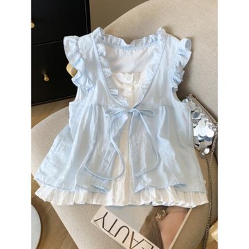 藍色格子假兩件襯衫女夏薄款木耳邊飛飛袖娃娃衫絕美漂亮系帶上衣