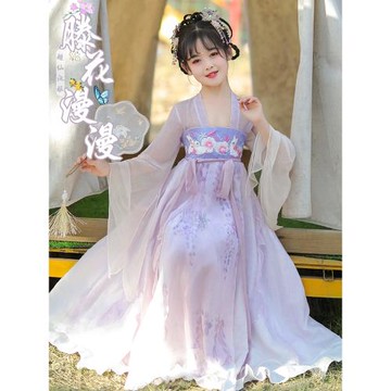 漢服女童2025新款夏薄款兒童超仙紫色連衣裙古風女孩仙氣學生古裝