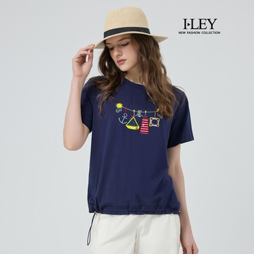 ILEY伊蕾 海洋刺繡寬鬆縲縈棉質上衣(深藍；M-XL)