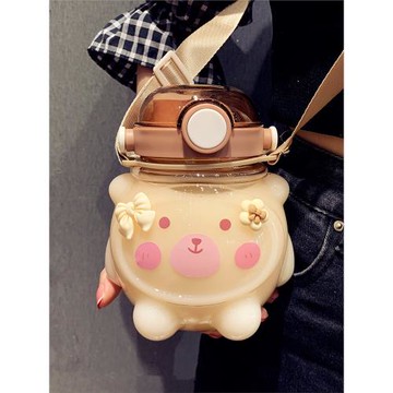 可愛大容量學生吸管水杯女夏季高顏值雙飲大肚杯便攜斜跨兒童水壺