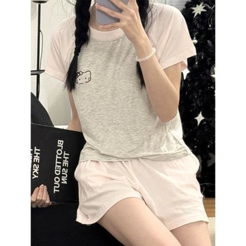 2025新款莫代爾睡衣女士夏季帶胸墊短袖可愛拼色款夏天家居服套裝