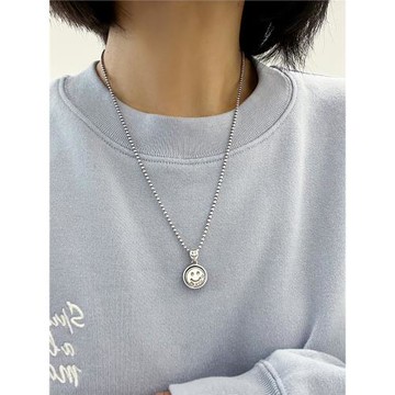 925純銀復古笑臉吊墜衛衣項鏈女秋冬ins輕奢小眾2025年新款毛衣鏈