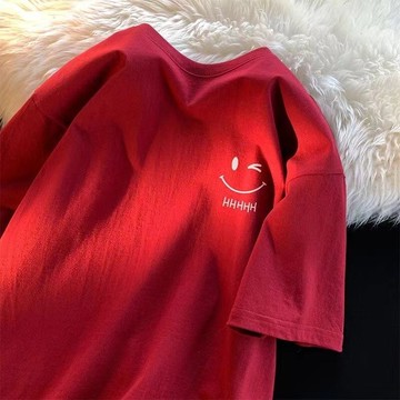大尺碼40-105公斤男裝上衣純棉笑臉印花短袖T恤男女夏季新款潮牌潮流百搭寬鬆半袖上衣