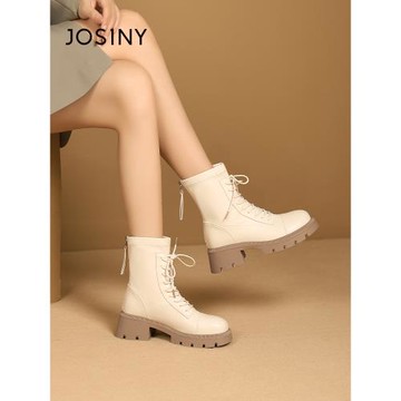 卓詩尼厚底馬丁靴女款2025秋冬新款白色女靴復古粗跟短筒增高靴子