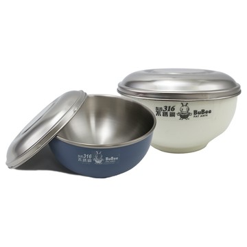 豆豆316不鏽鋼隔熱碗-附不鏽鋼蓋-14cm-莫蘭迪藍x1+白色x1-1組