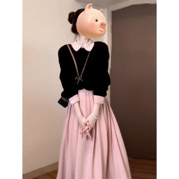 韓系小香風粉色連衣裙子女秋冬季2026新款富家千金高級感套裝長裙